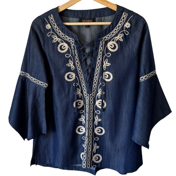 Shyanne Sm Top Tunic Boho Western Festival 3/4 Sleeve Lace Up V Neck Embroidered - Picture 2 of 16